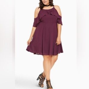 Charlotte Russe Burgundy Cold-Shoulder Halter Ruffles  Plus Size Chiffon Dress